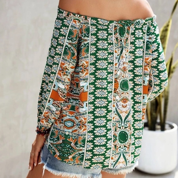 Boho Floral Print Off Shoulder Blouse - Picture 6 of 13